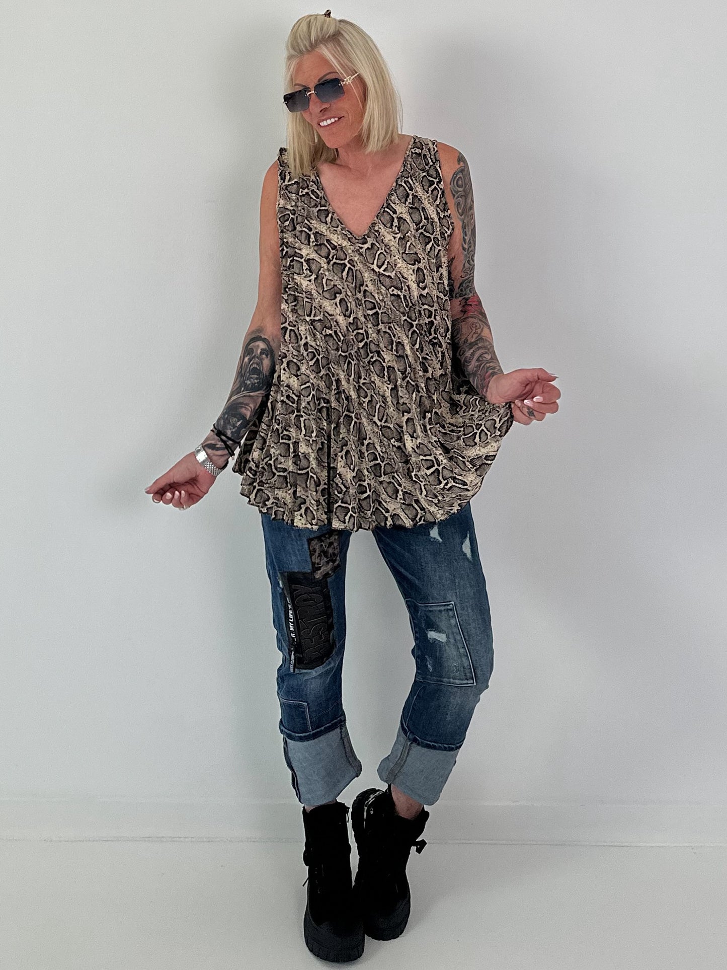 Plissee Long Top mit Animal-Print - beige-mehrfarbig