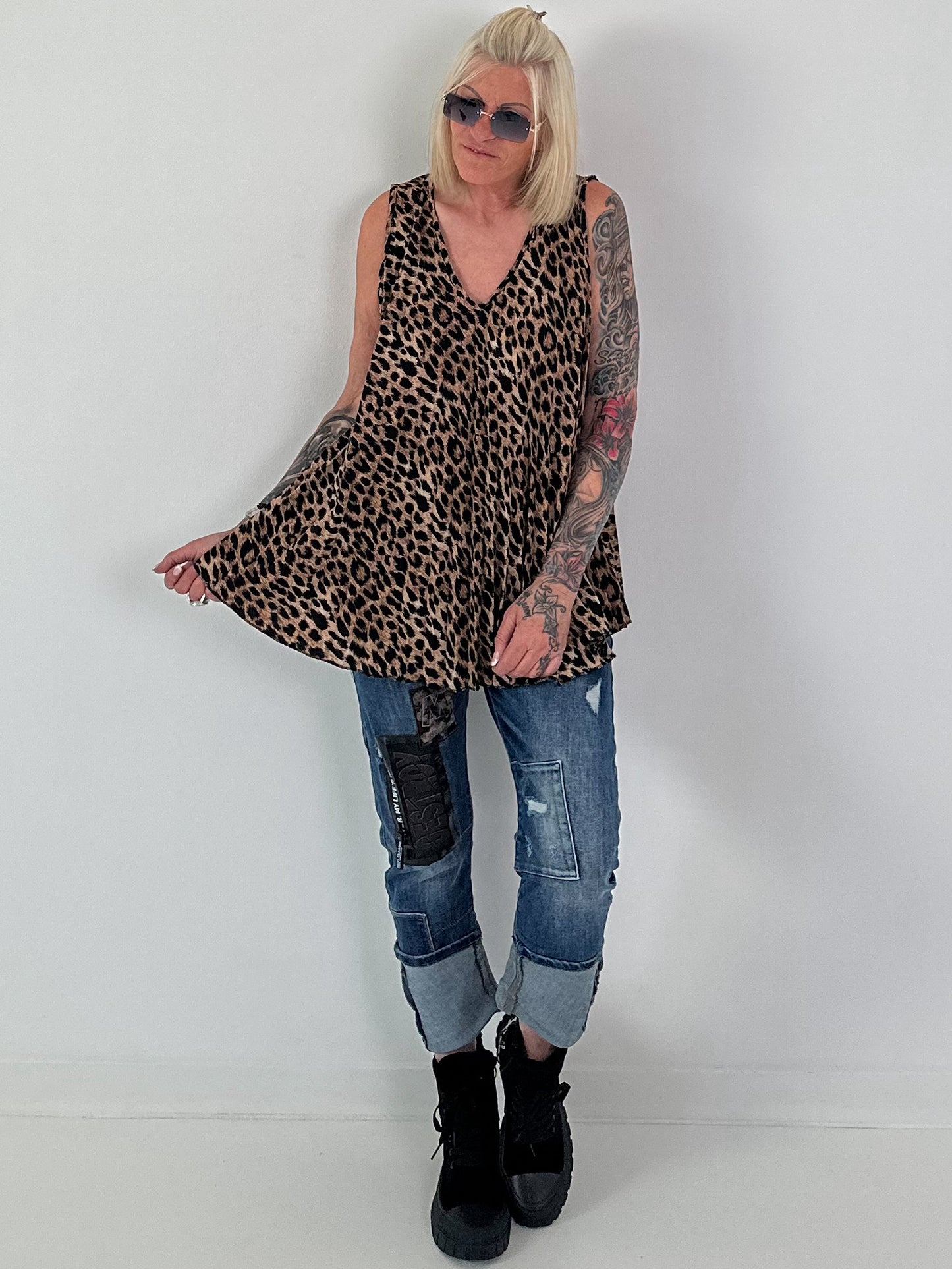 Plissee Long Top mit Leo-Print - camel-mehrfarbig