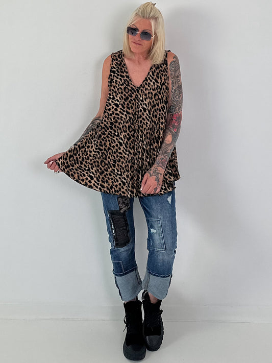 Plissee Long Top mit Leo-Print - camel-mehrfarbig
