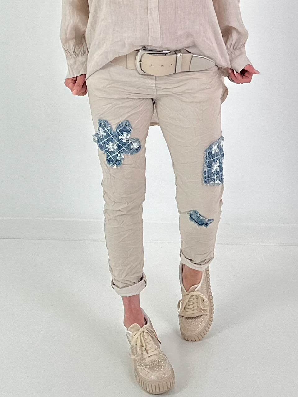 Trousers with denim and sequin details - beige