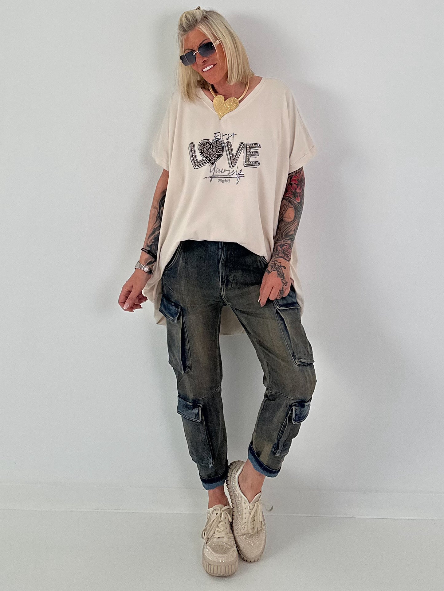 T-Shirt mit Strassdetail - beige