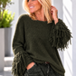 Fringe-look sweater with trumpet sleeves - olive