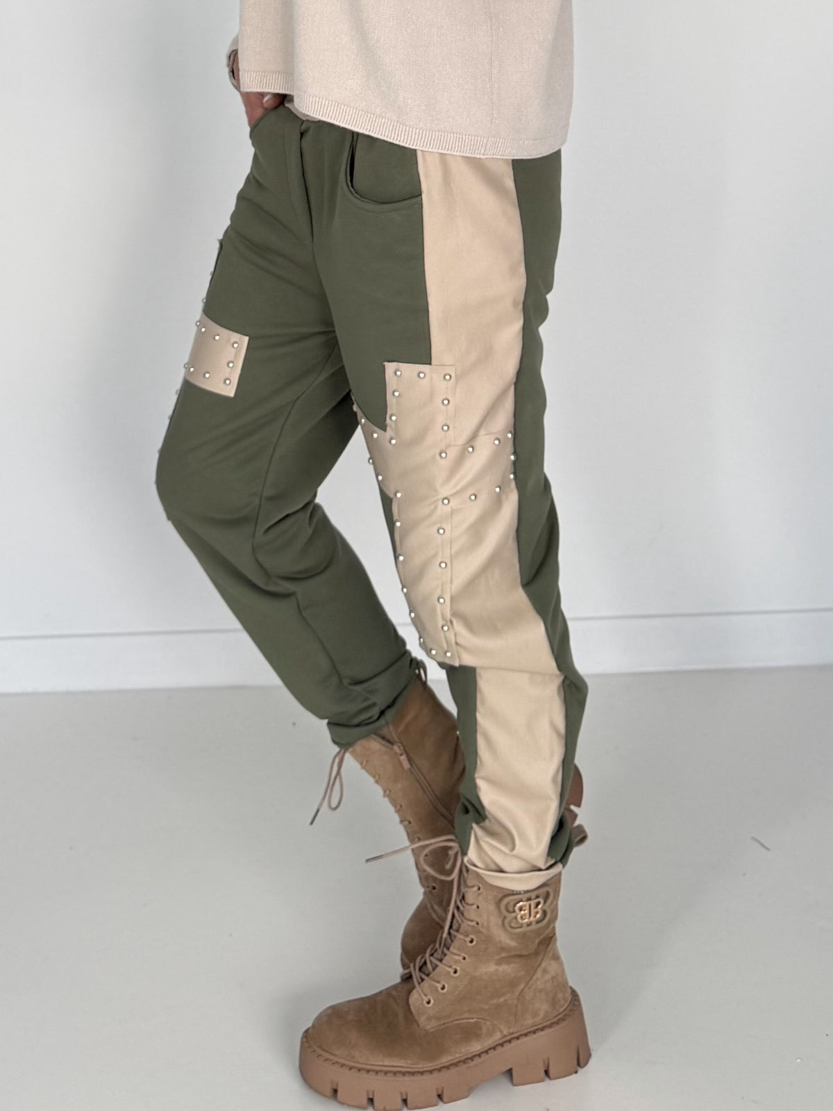 Sweathose im Materialmix - oliv-beige