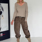 Geribd T-shirt met gerafelde V-hals - beige