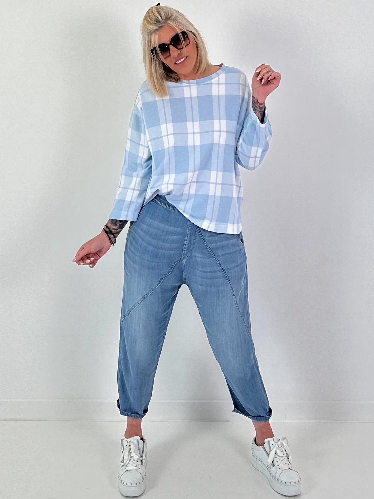 Sweater met ruitpatroon - lichtblauw-wit