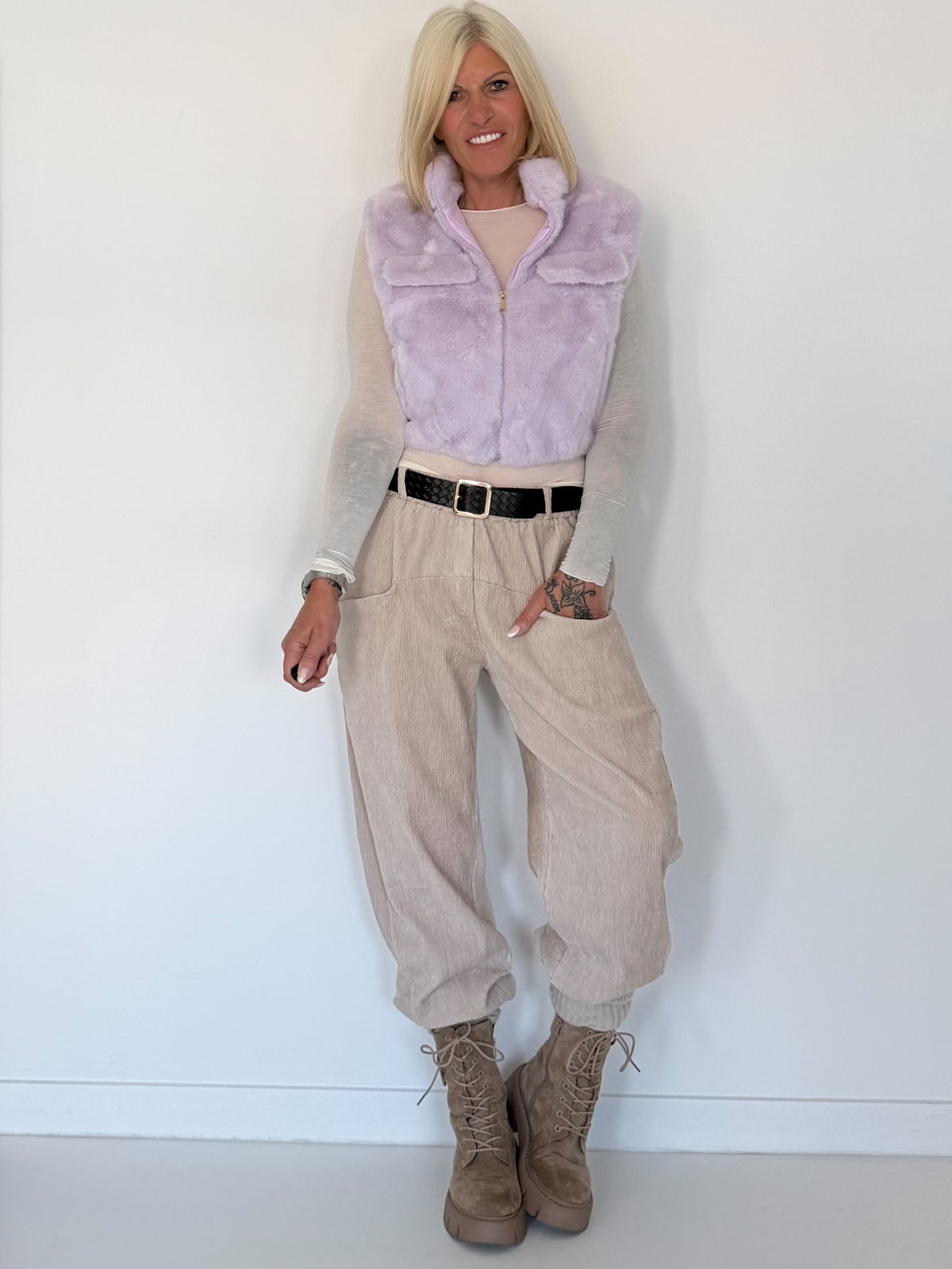 Bodywarmer in zachte imitatiebont-look - lila