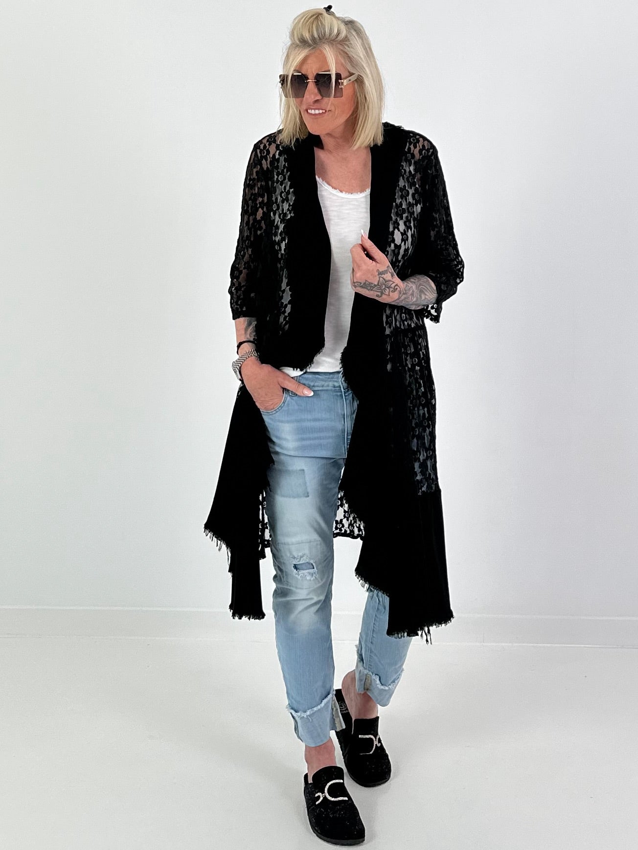 Lace coat in a material mix - black