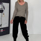 Rippshirt mit fransigem V-Ausschnitt - taupe