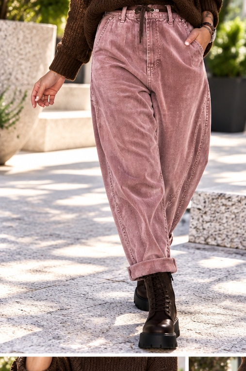 Weiche Ballon-Cordhose mit Gürtel - stone-washed-altrosa