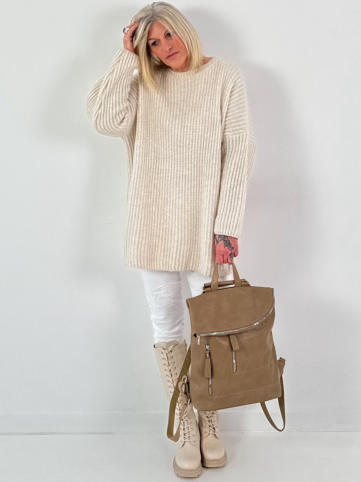 Leather-look backpack, model "City Fold" - taupe