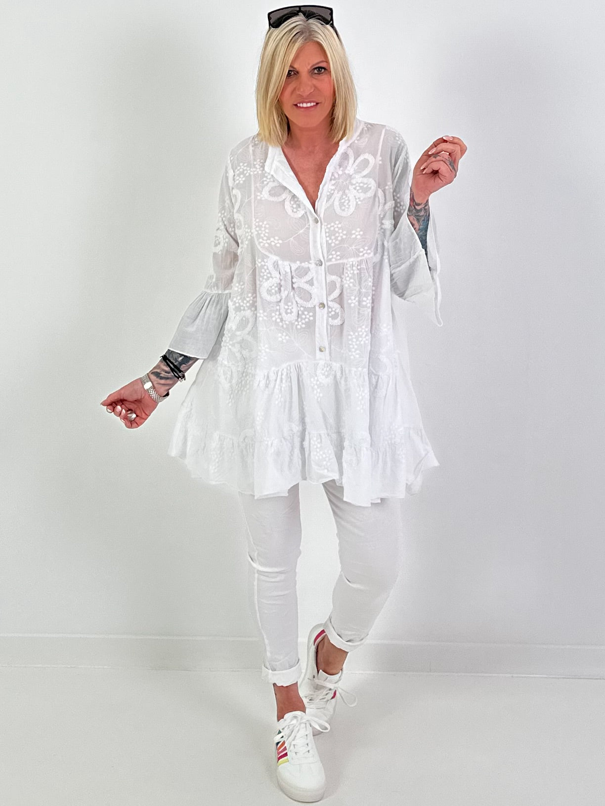Tunic/dress with terrycloth appliqué - white