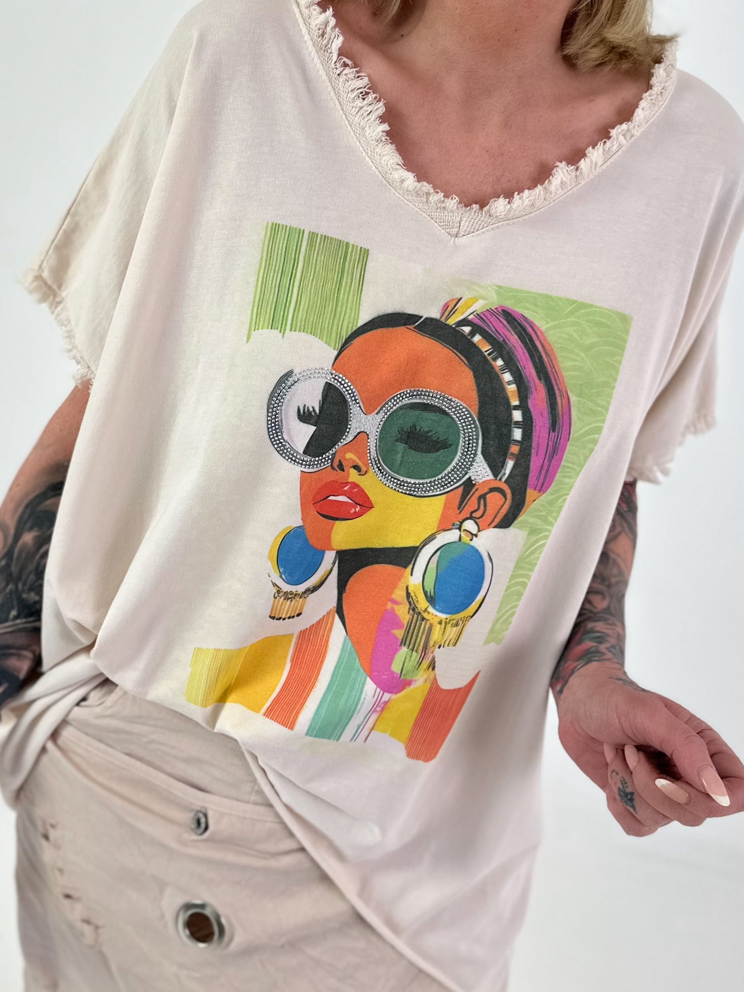 Oversized Shirt with Front Print - beige