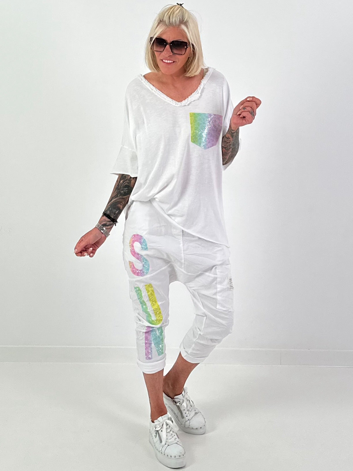 T-Shirt mit Glitzer-Patch - weiss