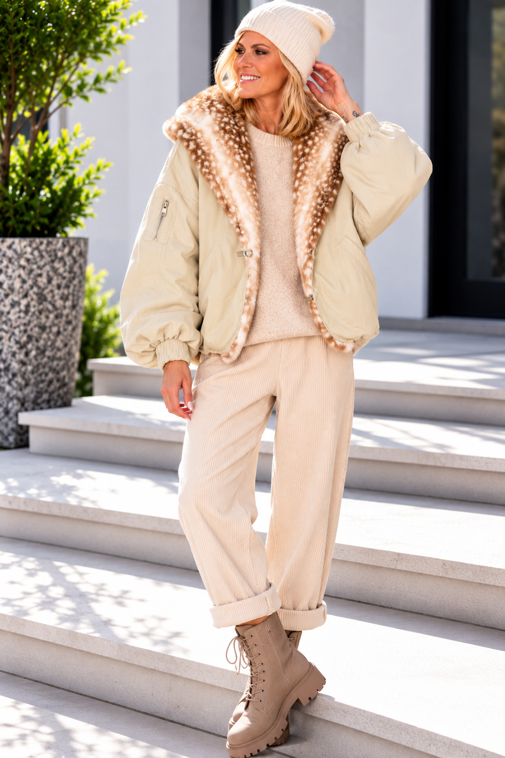 Bomberjacke mit Fake Fur Einsatz - beige-mehrfarbig