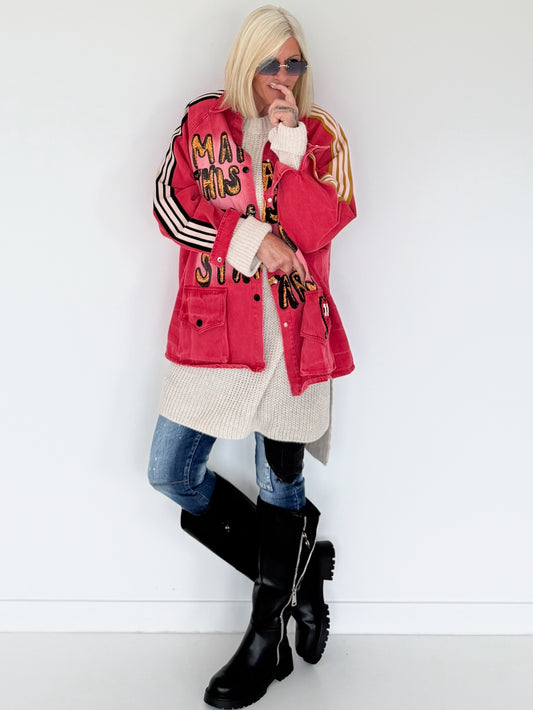 Oversized Jeansjacke mit Pailletten - used-red (lieferbar ab ca. 01.09.26)
