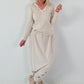Ribbed Shirt with V-Neck and Lace Details - beige