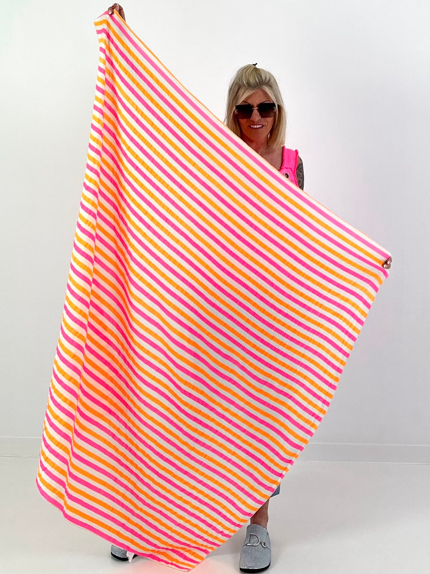 XL Musselin Tuch mit Streifen - weiss-neonorange-neonpink