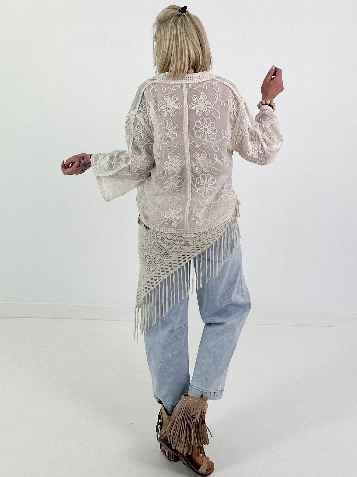 Boho Blouse with Crochet Collar - Beige