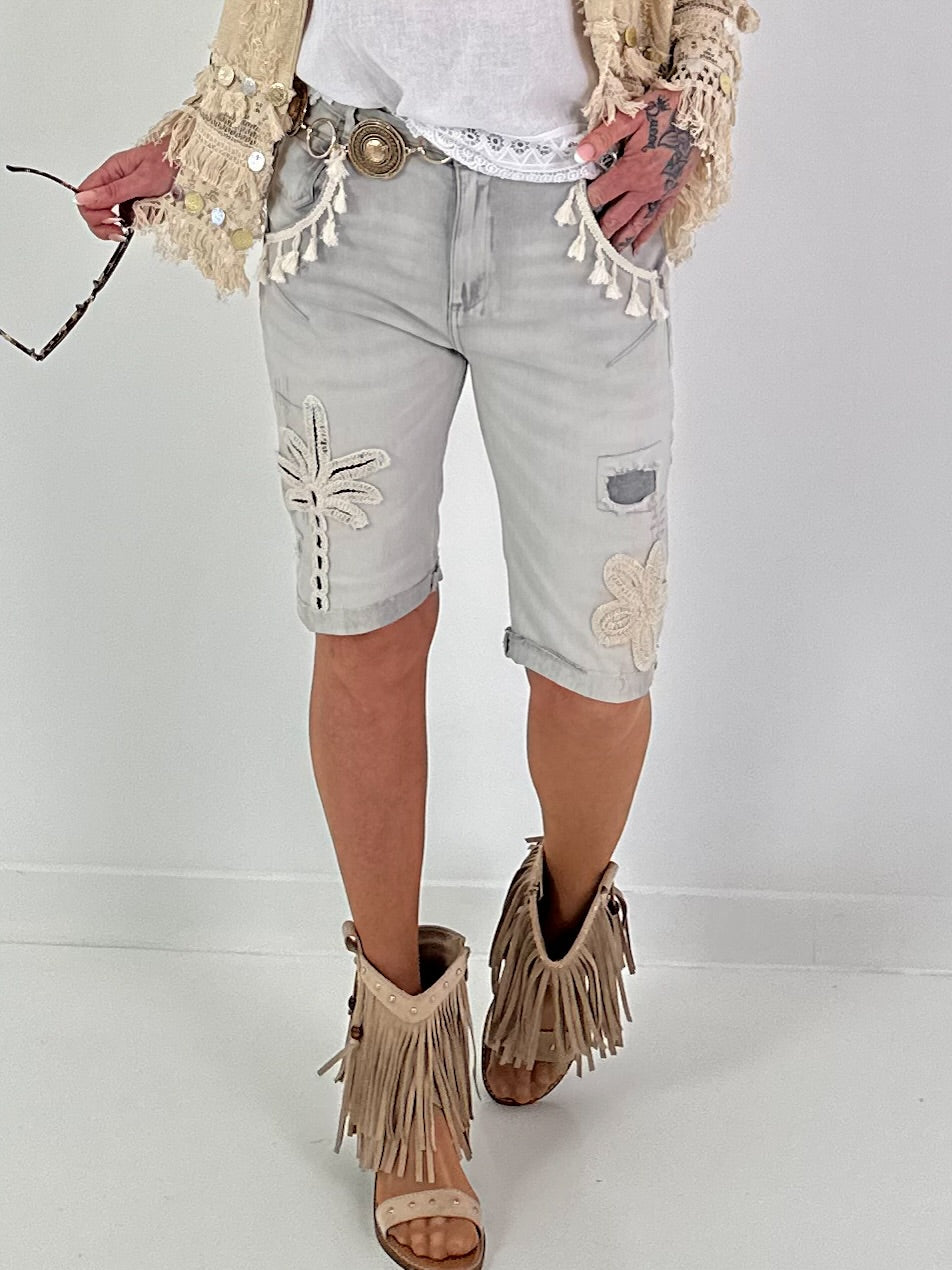 Jeans Shorts with Crochet Patches - Grey