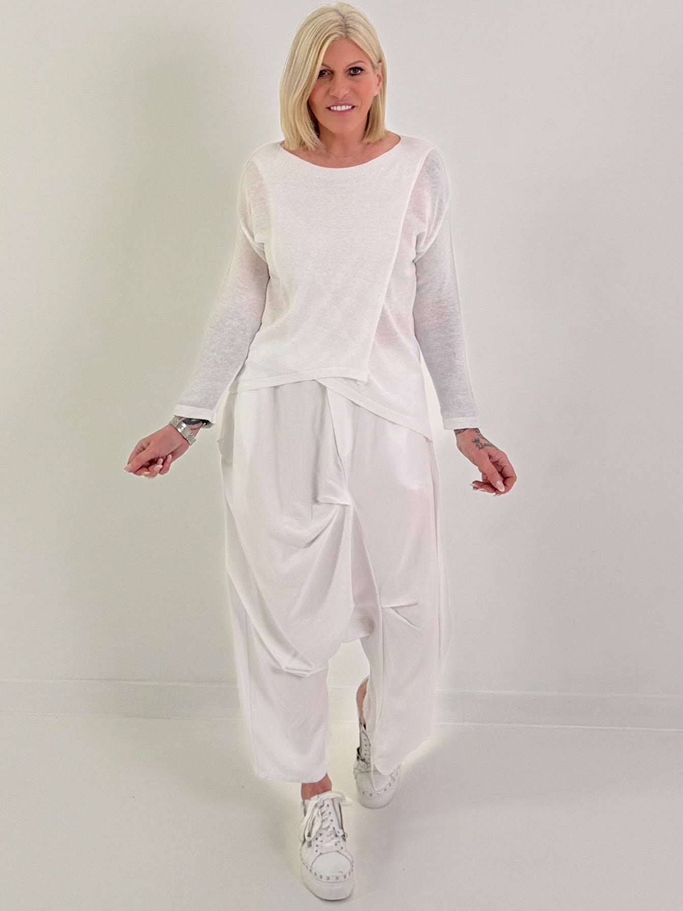 Leichter Feinstrick Pulli im Layer-Look - weiss