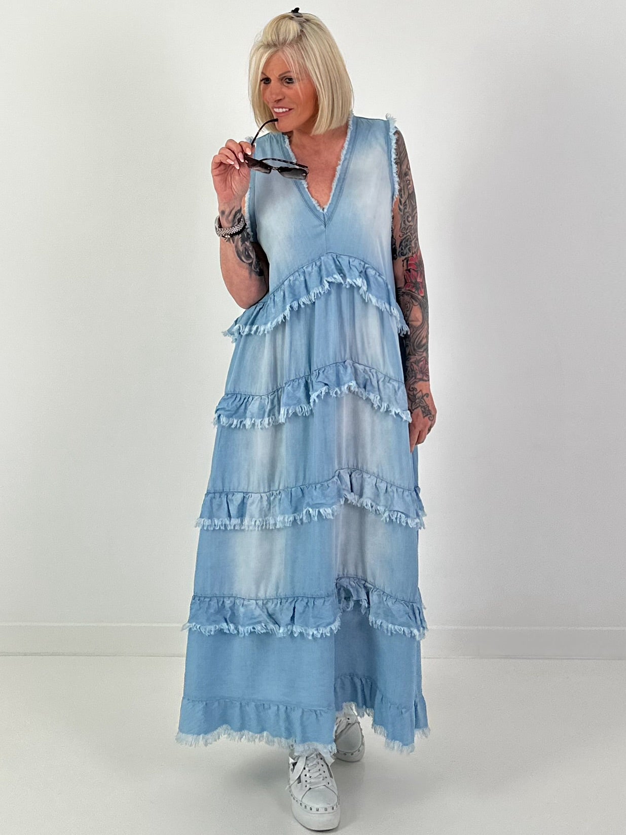 Sleeveless Ruffle Denim Dress - Light Blue