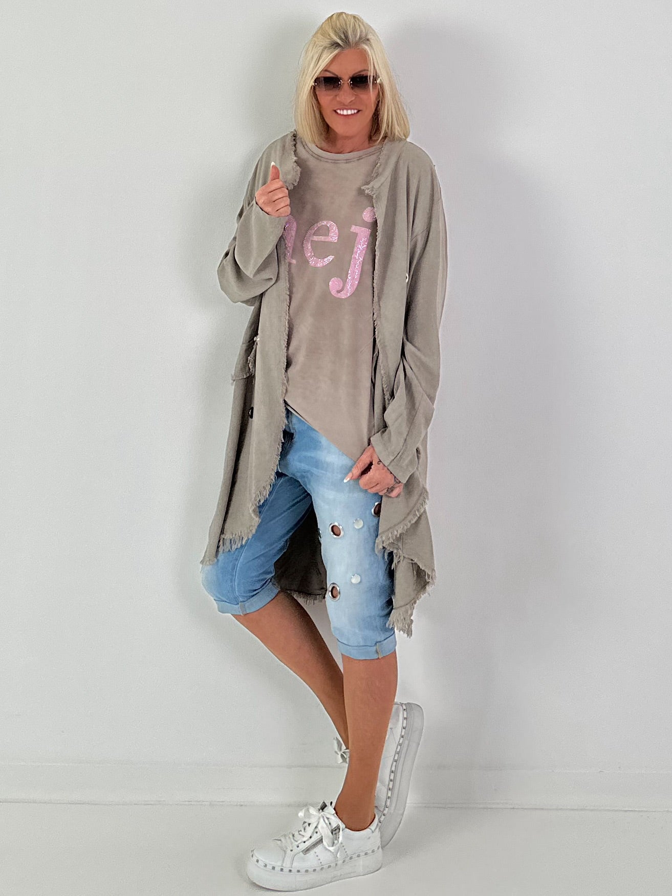 Leinen Kurzmantel mit Ösen - taupe