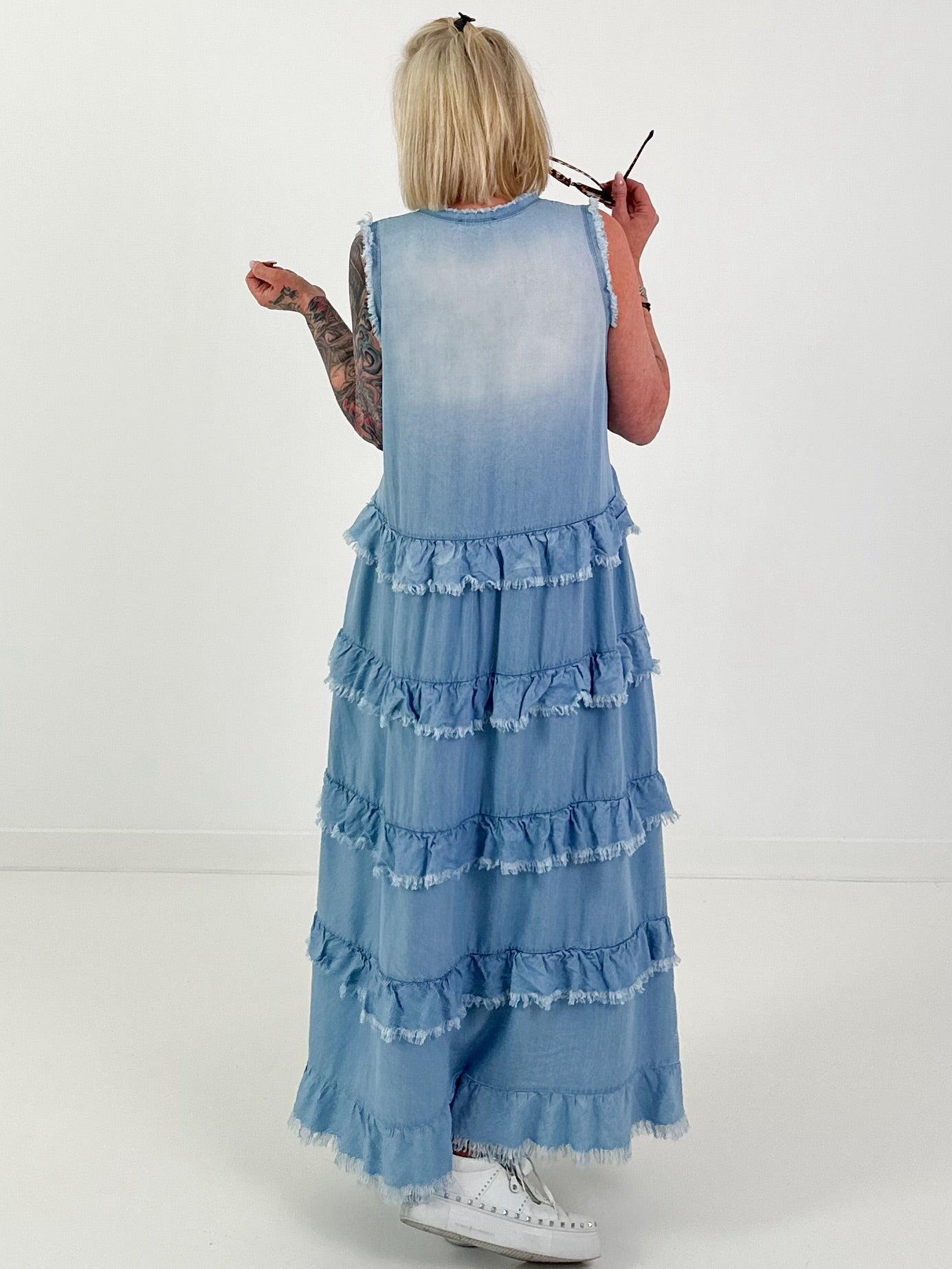 Sleeveless Ruffle Denim Dress - Light Blue