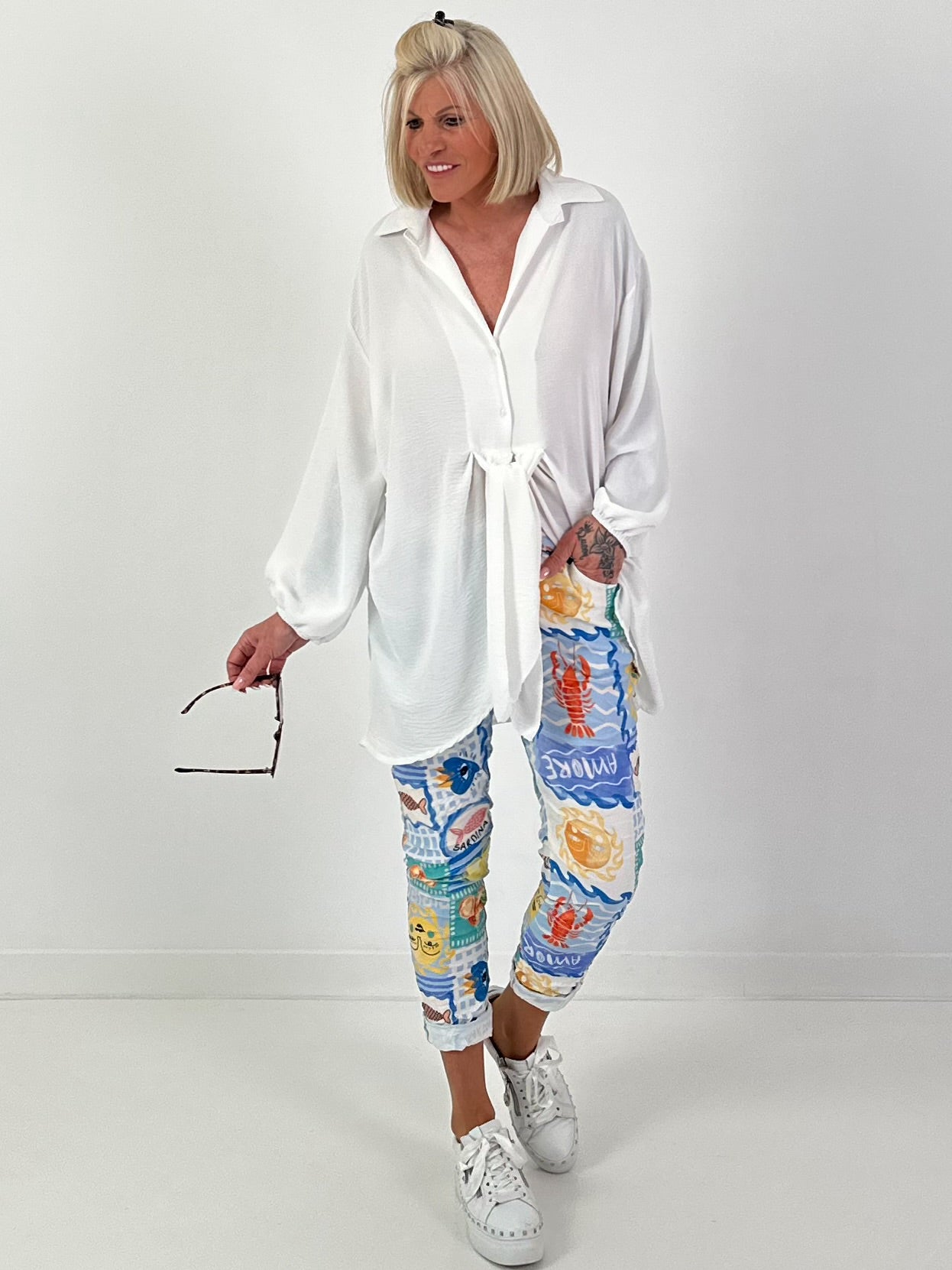 Lange blouse met strikband - wit
