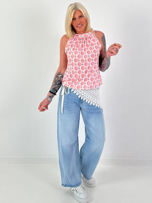 Neckholder Top mit Muster - rosa-mehrfarbig