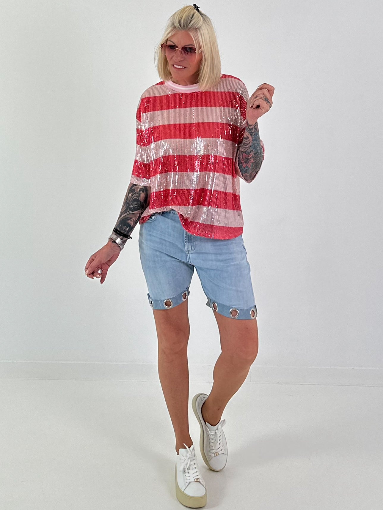 Pailletten Shirt mit Streifen - rot-rosa