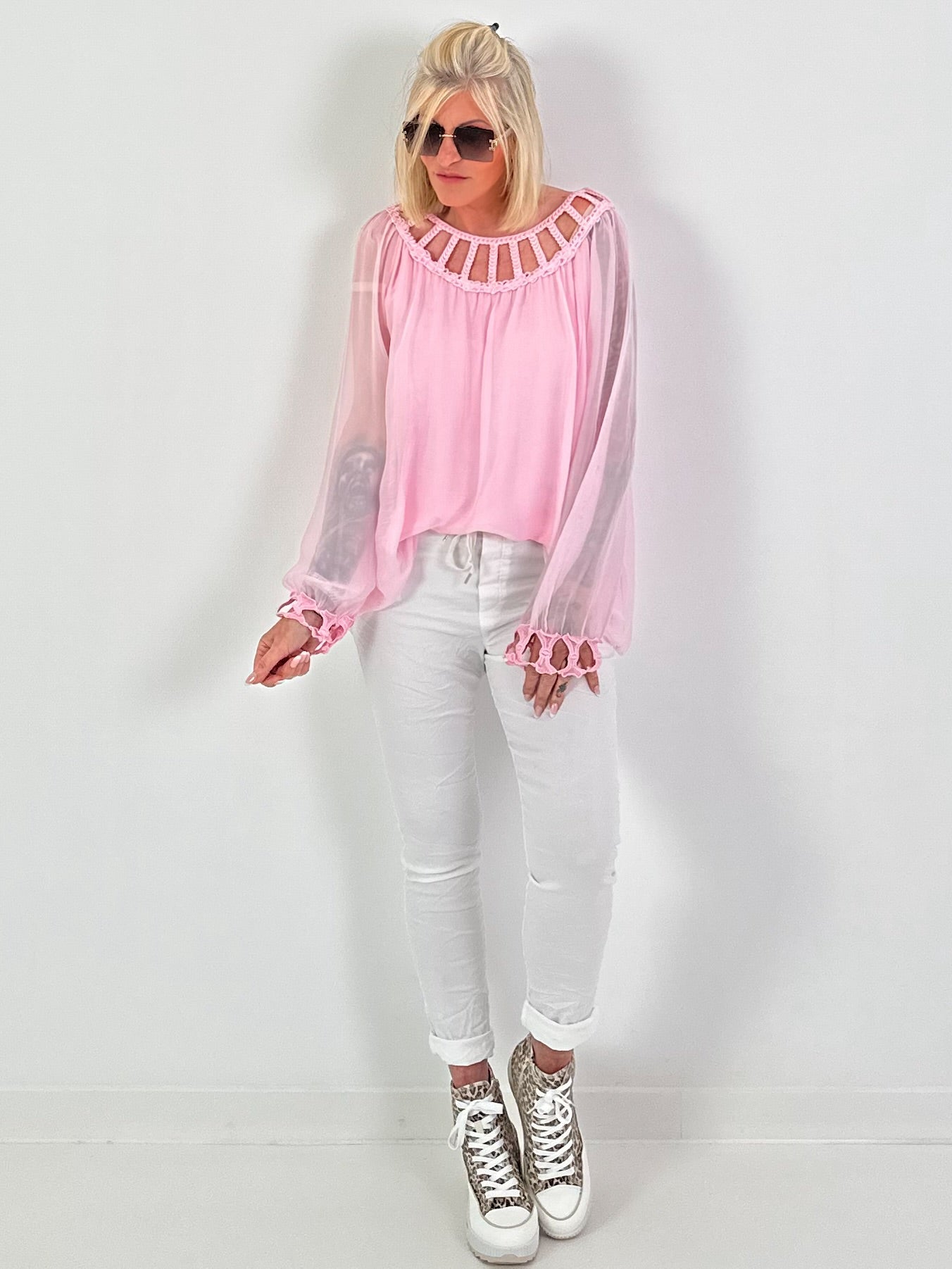 Silk Tunic with Crochet Neckline - Pink