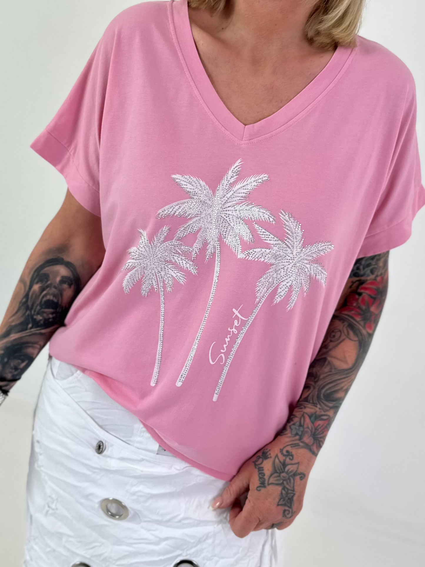 T-Shirt mit Glitzerpalmen - rosa