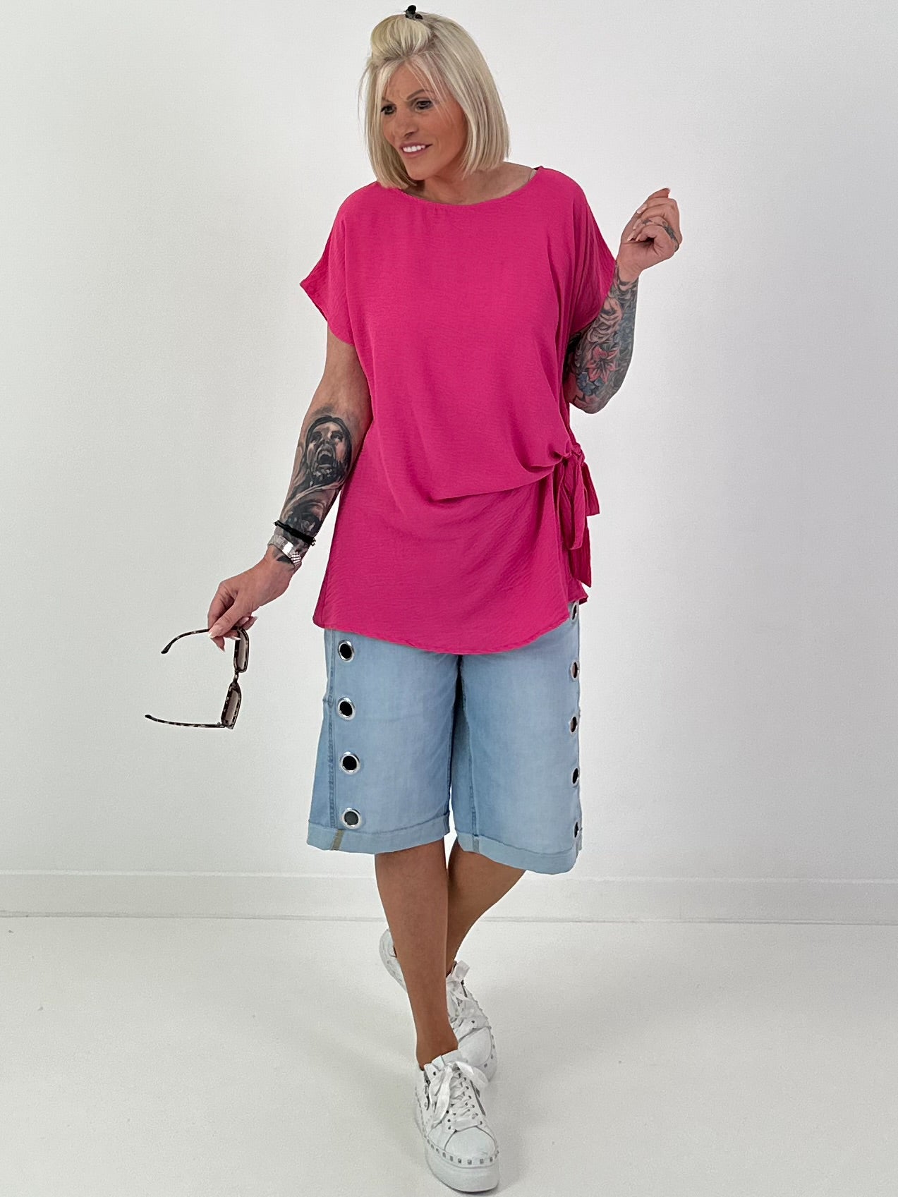 Blusenshirt mit seitlichem Bindeknoten - pink