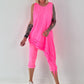 Asymmetrisches Long Top mit Ösen und Jeansdetail - neonpink