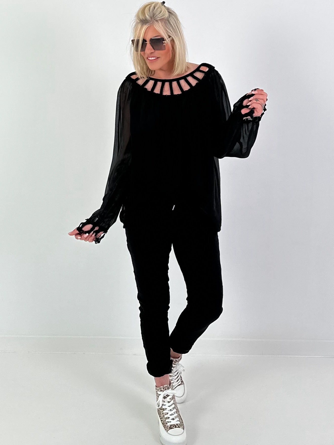 Silk tunic with crocheted neckline - black