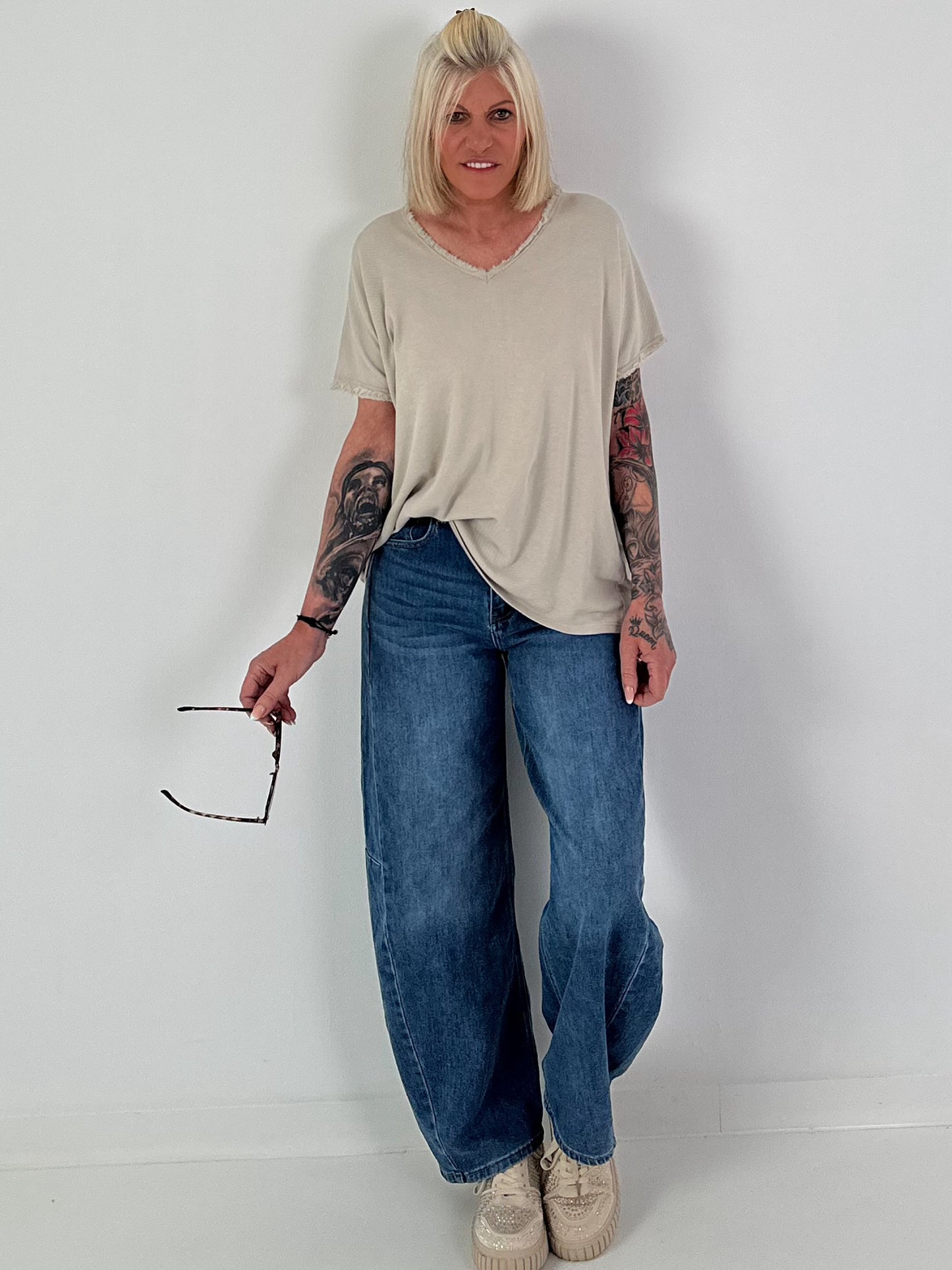 Ribbed Shirt with Fringe Details - beige