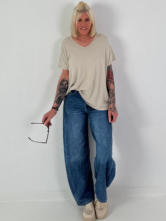 Ribbed Shirt with Fringe Details - beige