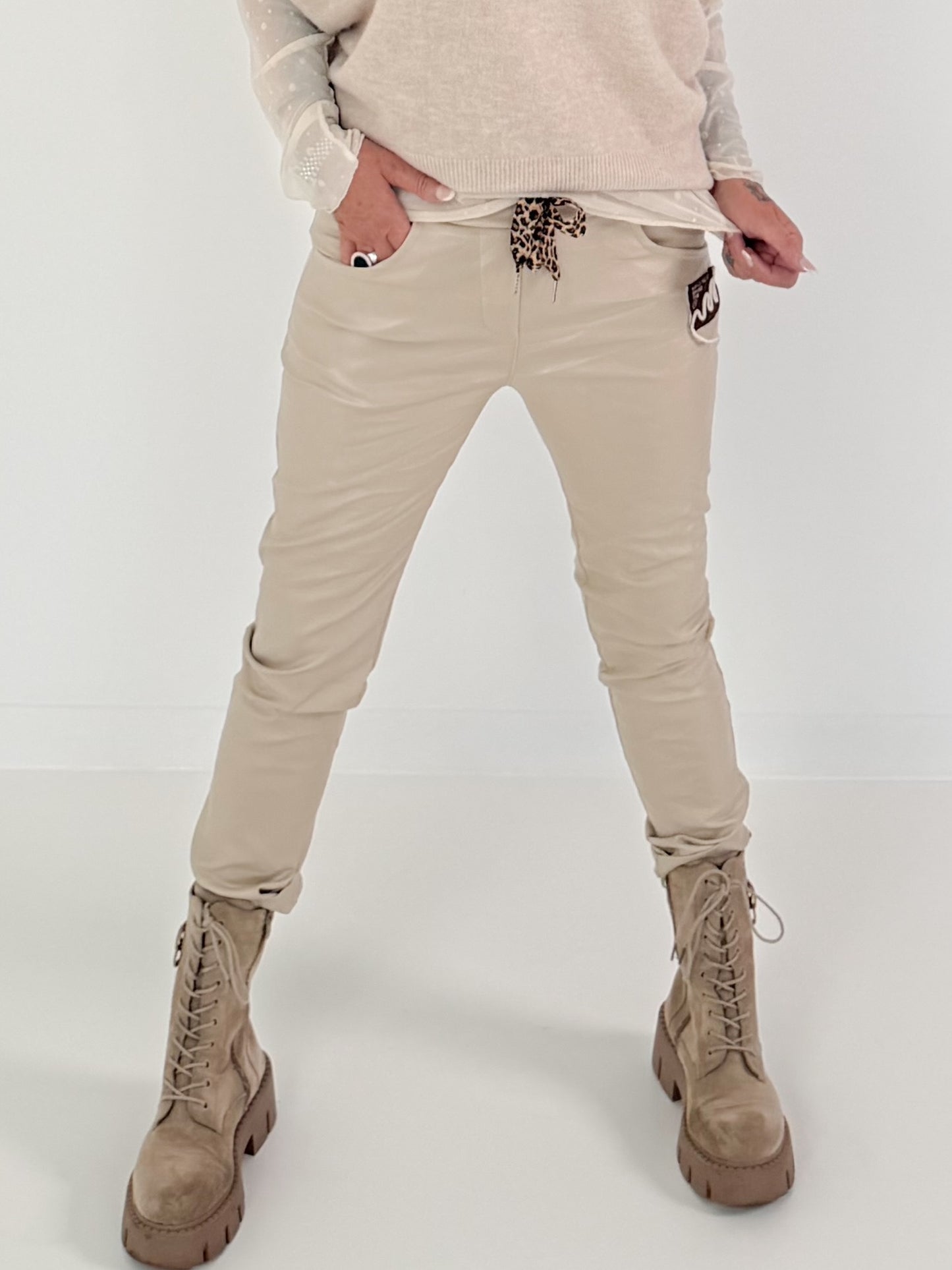 Vegan leather trousers with patch - beige