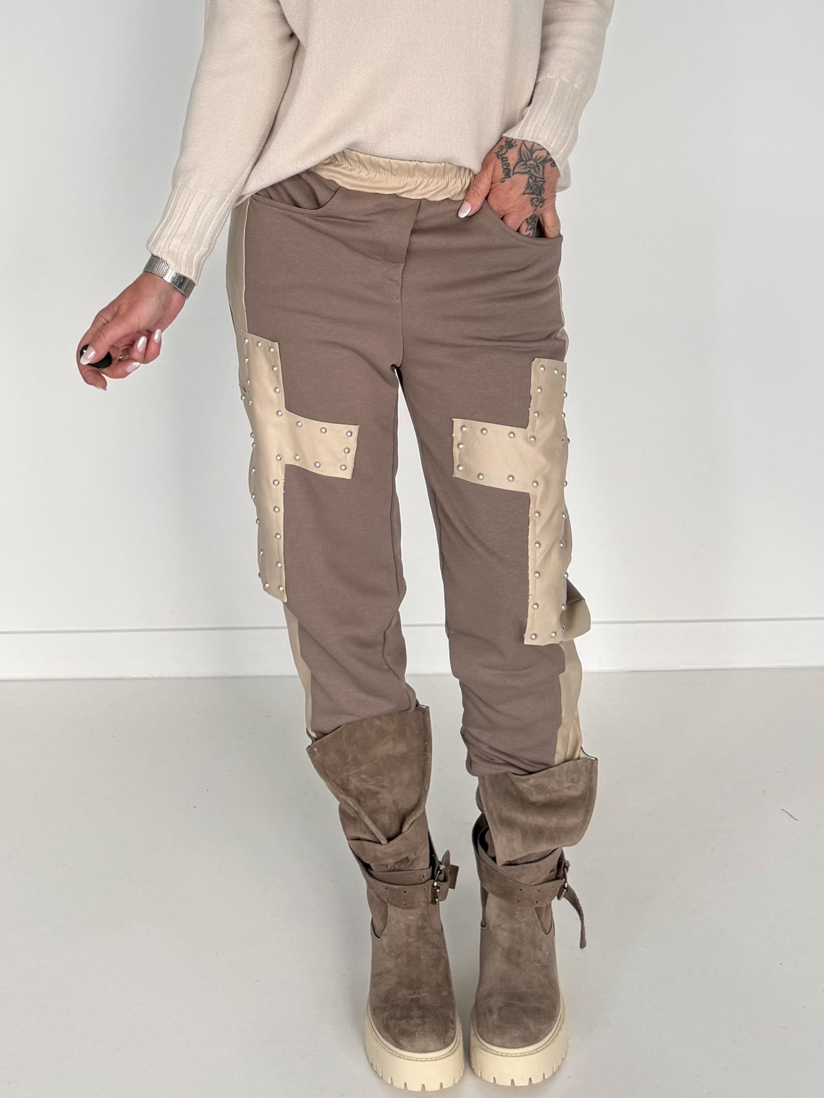 Sweathose im Materialmix - taupe-beige
