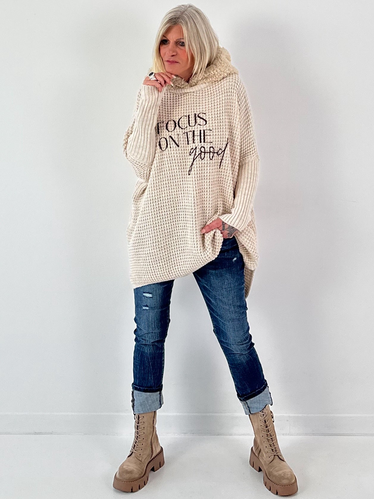 Pullover mit Teddy Kapuze Modell "Good Focus" - beige