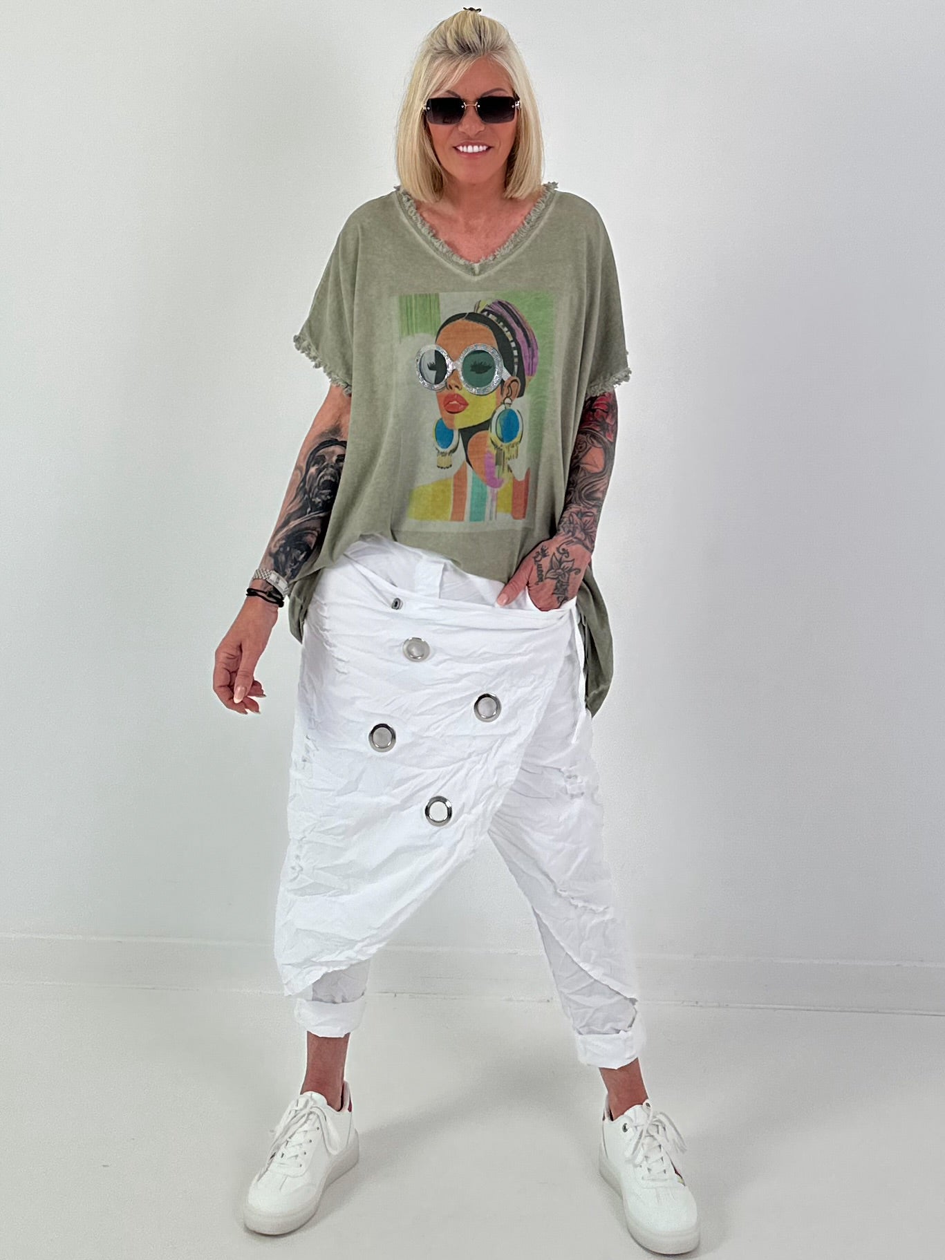Oversized Shirt with Front Print - Khaki