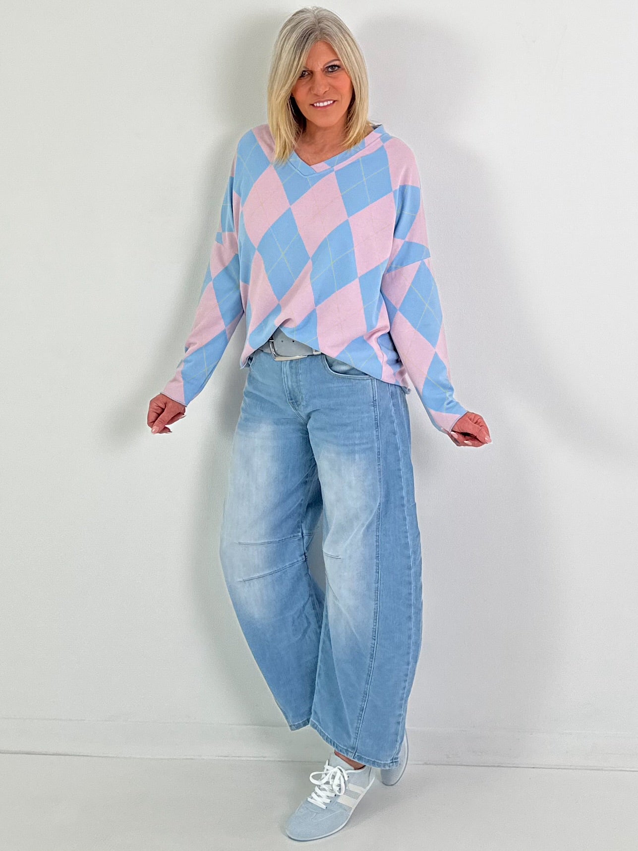 Sweater im Rautenmuster - hellblau-rosa