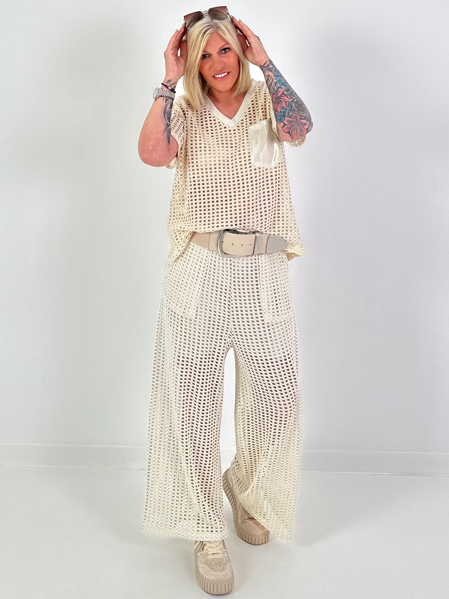 Crochet Top with Lurex - beige