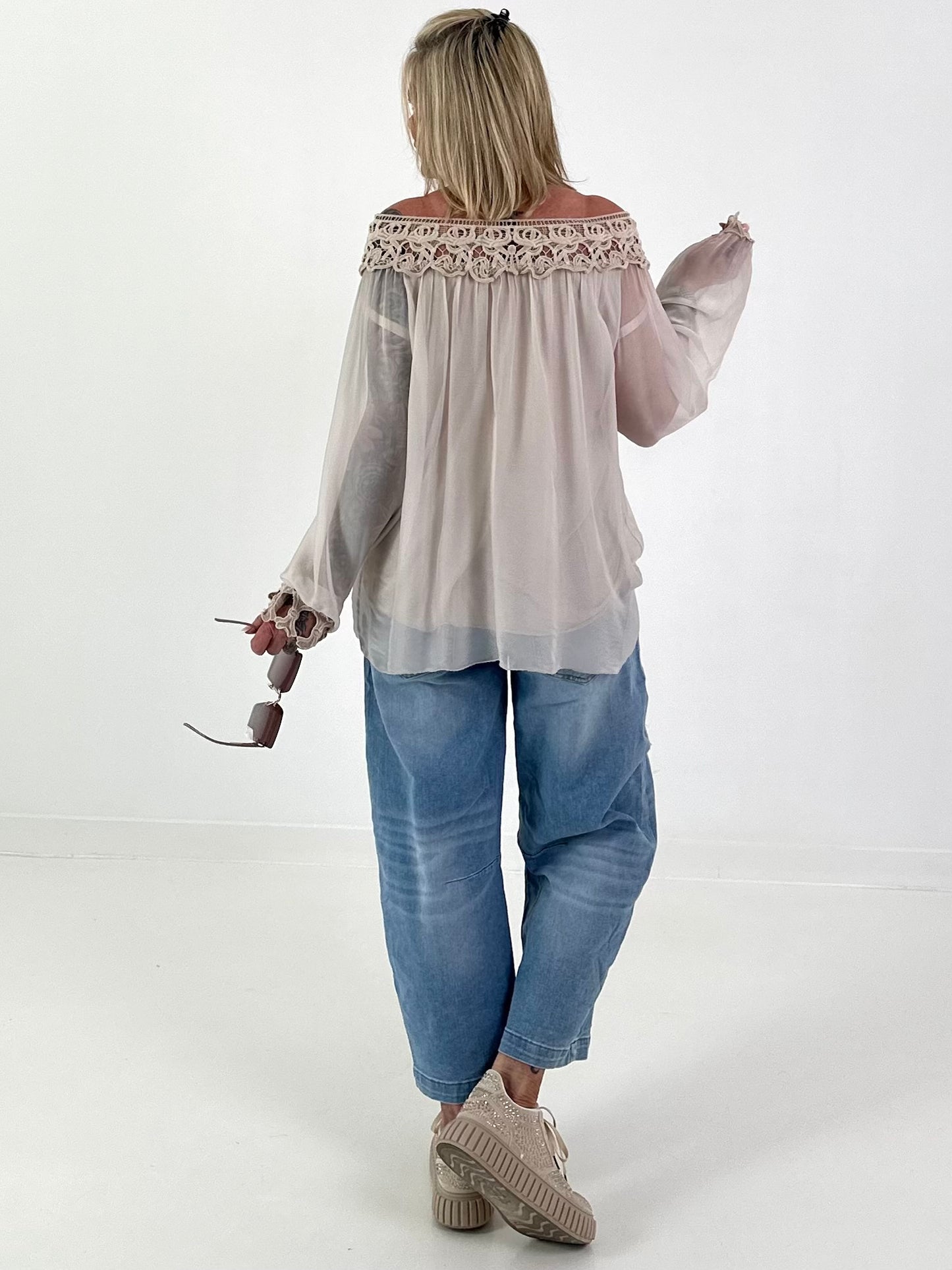 Silk tunic with crocheted neckline - beige