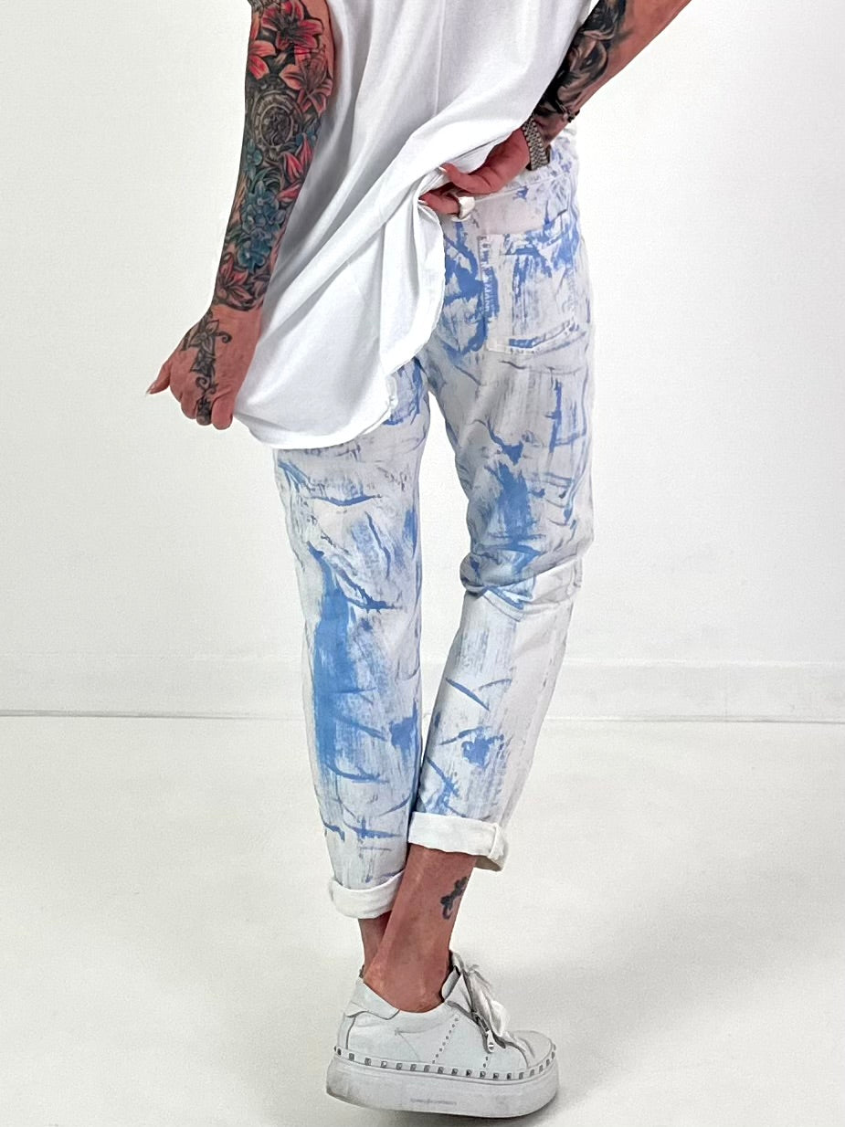Batik-Hose mit tiefen Taschen - weiss-blau