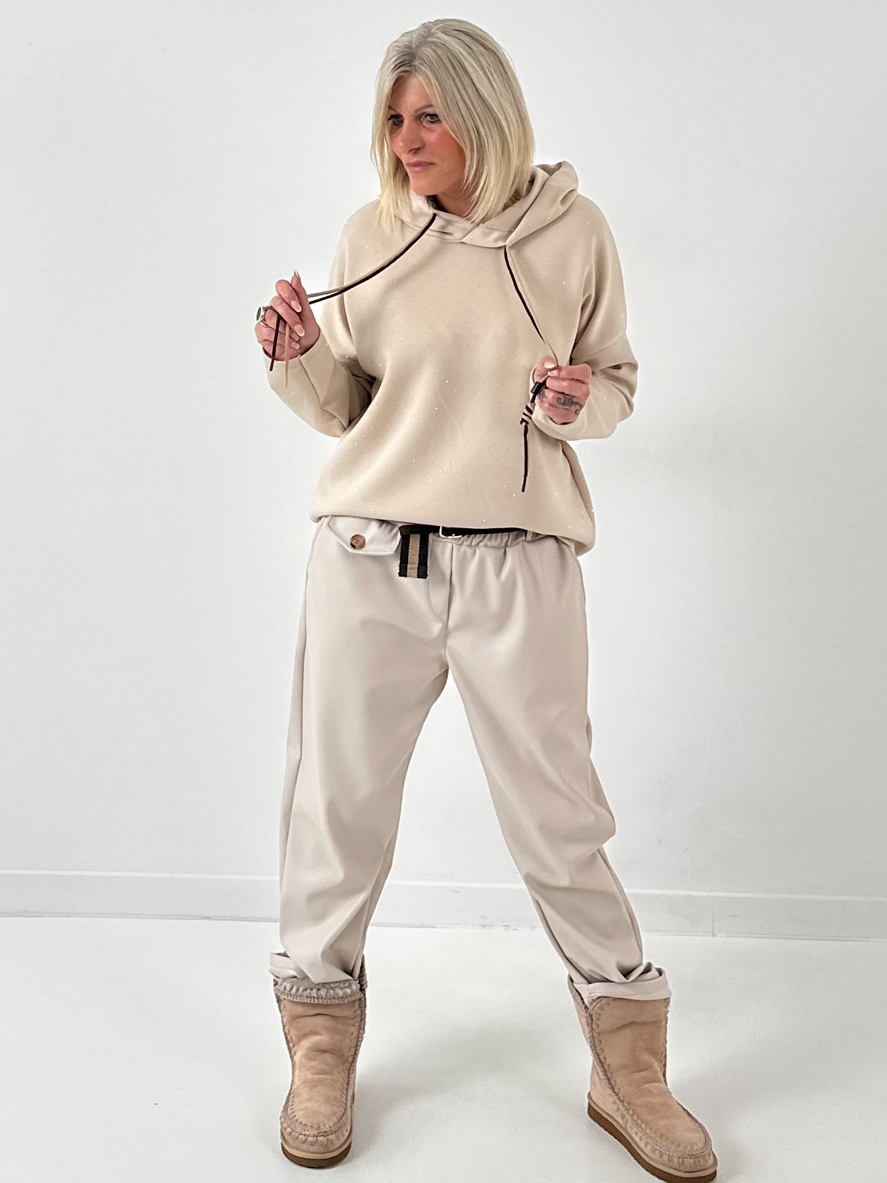 Leather-look trousers, model "Cream Flow" - beige