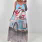 Long dress with a printed design and side pockets - light blue multi-colored
