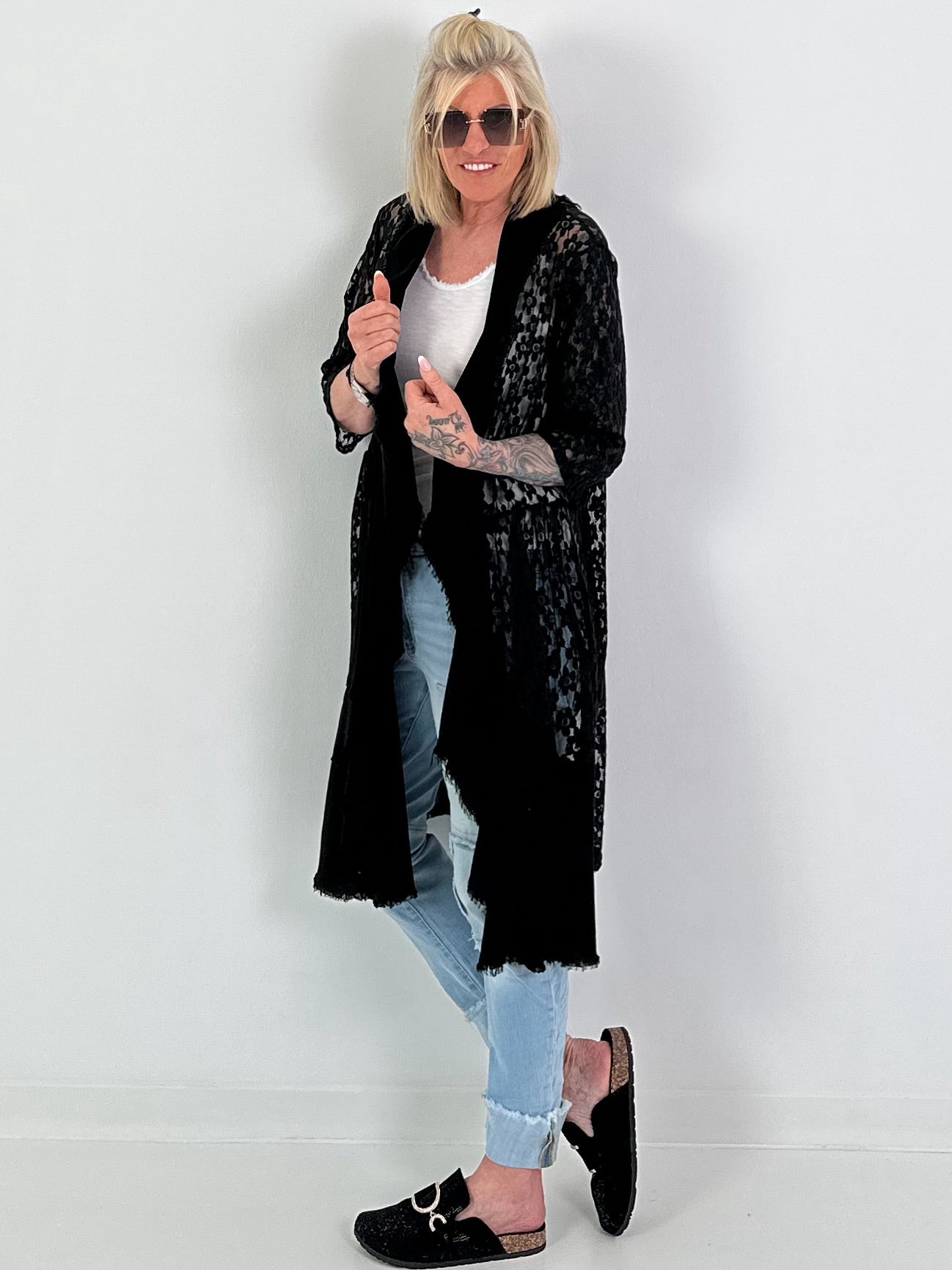 Lace coat in a material mix - black