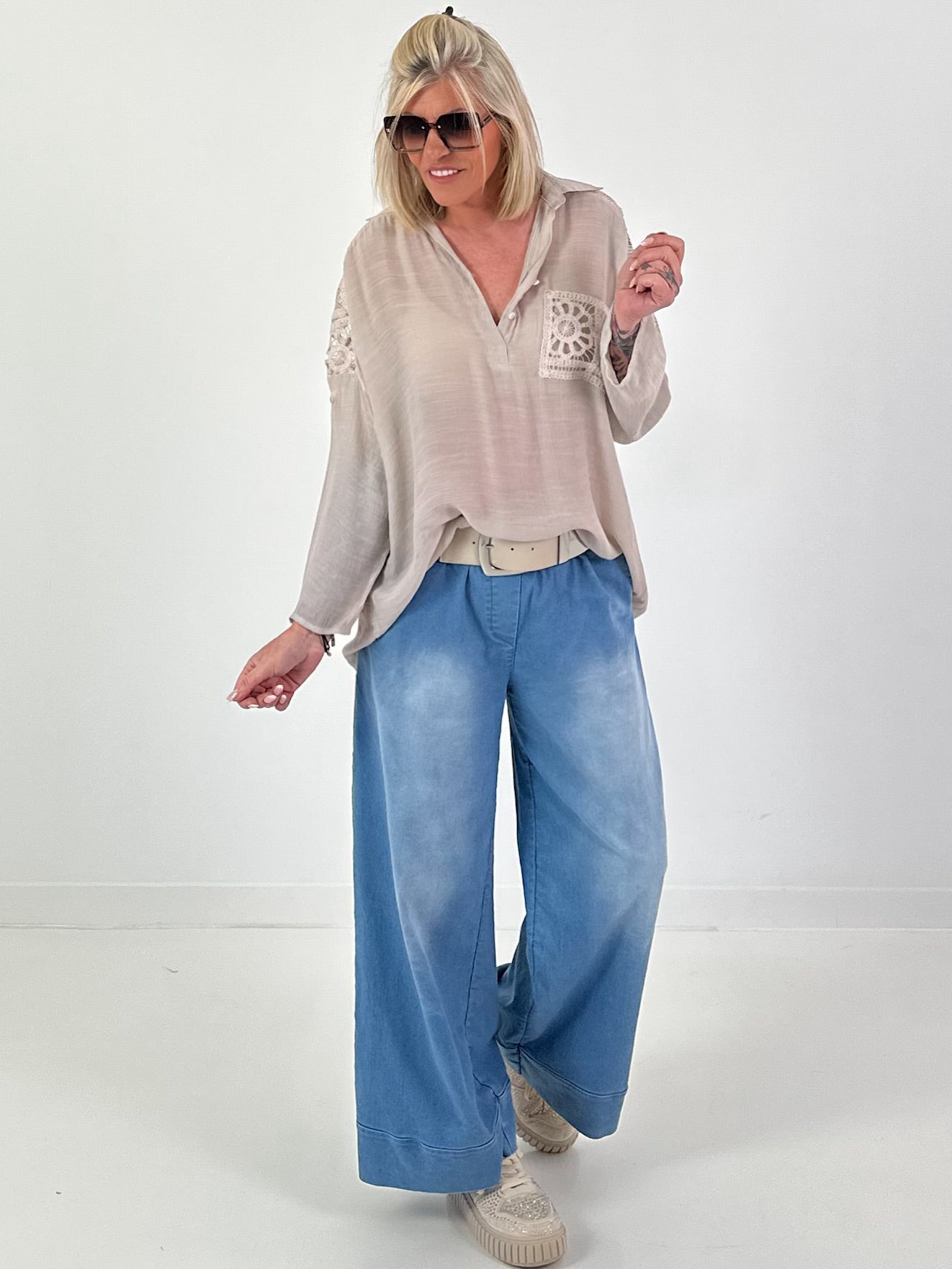 Tunic with crochet inserts - beige
