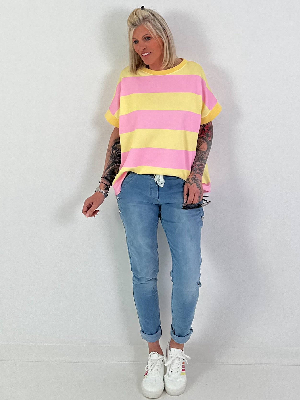 Sweat T-Shirt mit Streifen - gelb-rosa